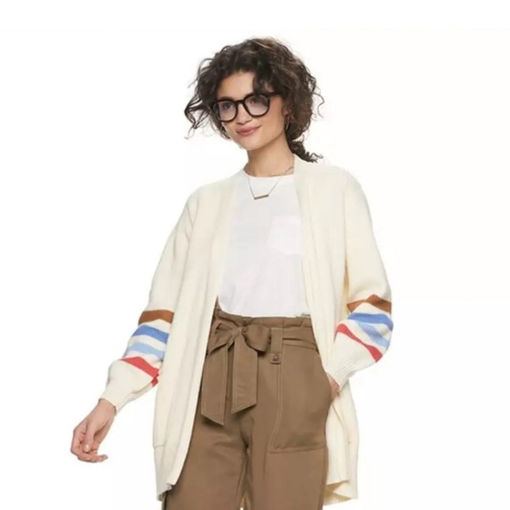 Retro Cardigan with Colorful Stripes, Cream Sweater XS
